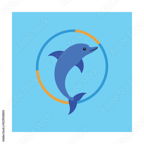 Playful blue dolphin jumping through a hoop in a bright blue and orange setting