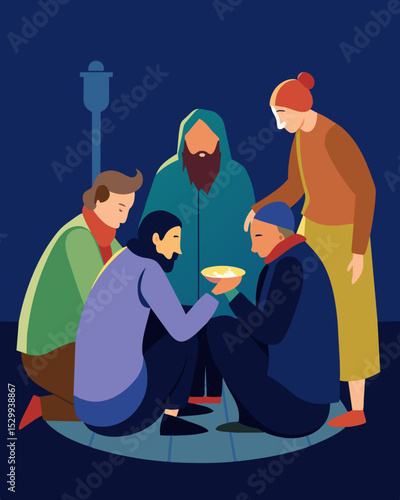 A group of people huddled around a street corner begging for spare change. Vector illustration