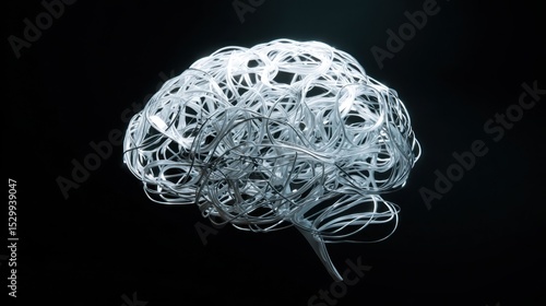 A human brain made of tangled electrical wires, glowing faintly, symbolizing anxiety and mental overload, dark moody lighting, abstract conceptual art