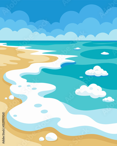 A beach covered in an unsettling layer of foam a visible sign of the high levels of detergent and other harmful chemicals in the water.. Vector illustration