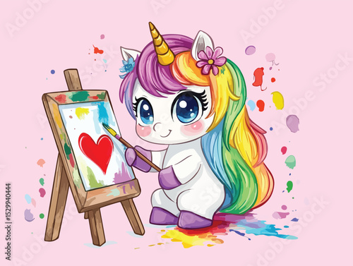 Adorable Rainbow Unicorn Painting a Heart on Canvas with a Brush a Cute Cartoon Illustration for Children s Books Art Projects and Creative Designs on