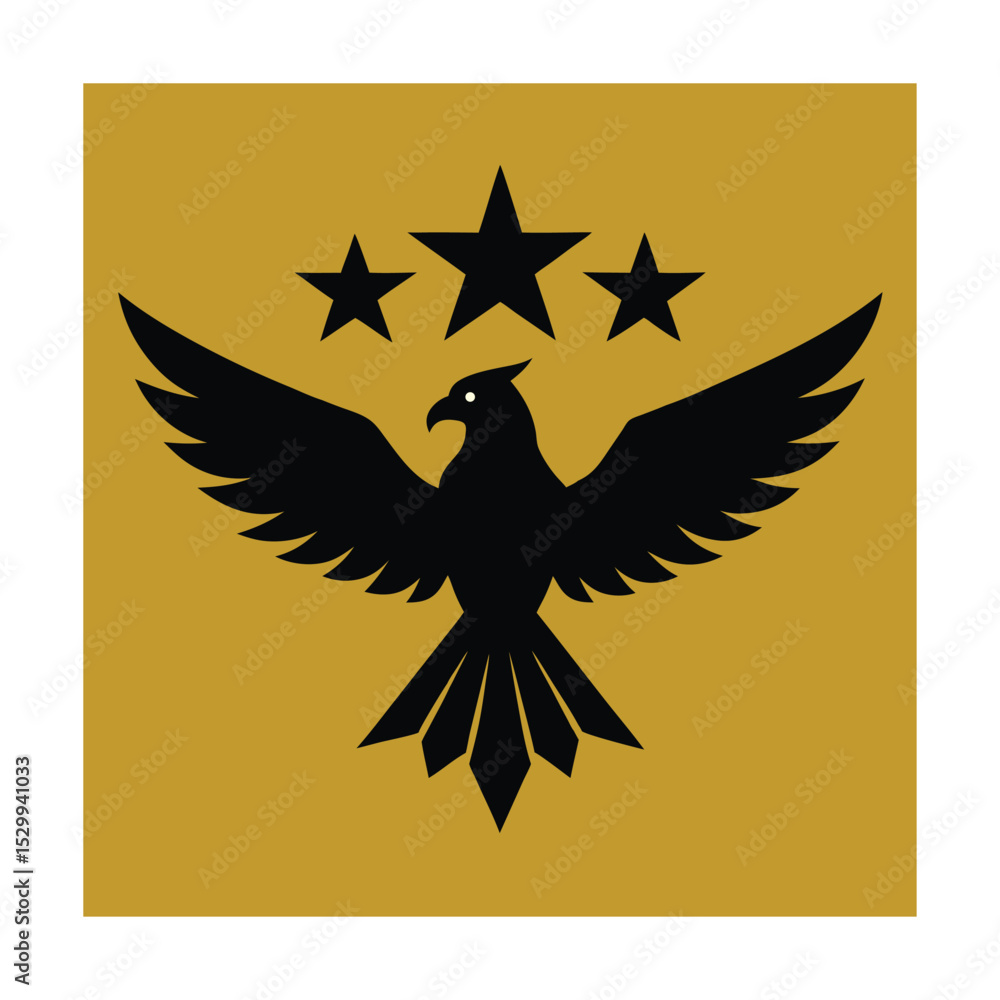 Obraz premium Elegant vector illustration of a black eagle with three stars against a golden background