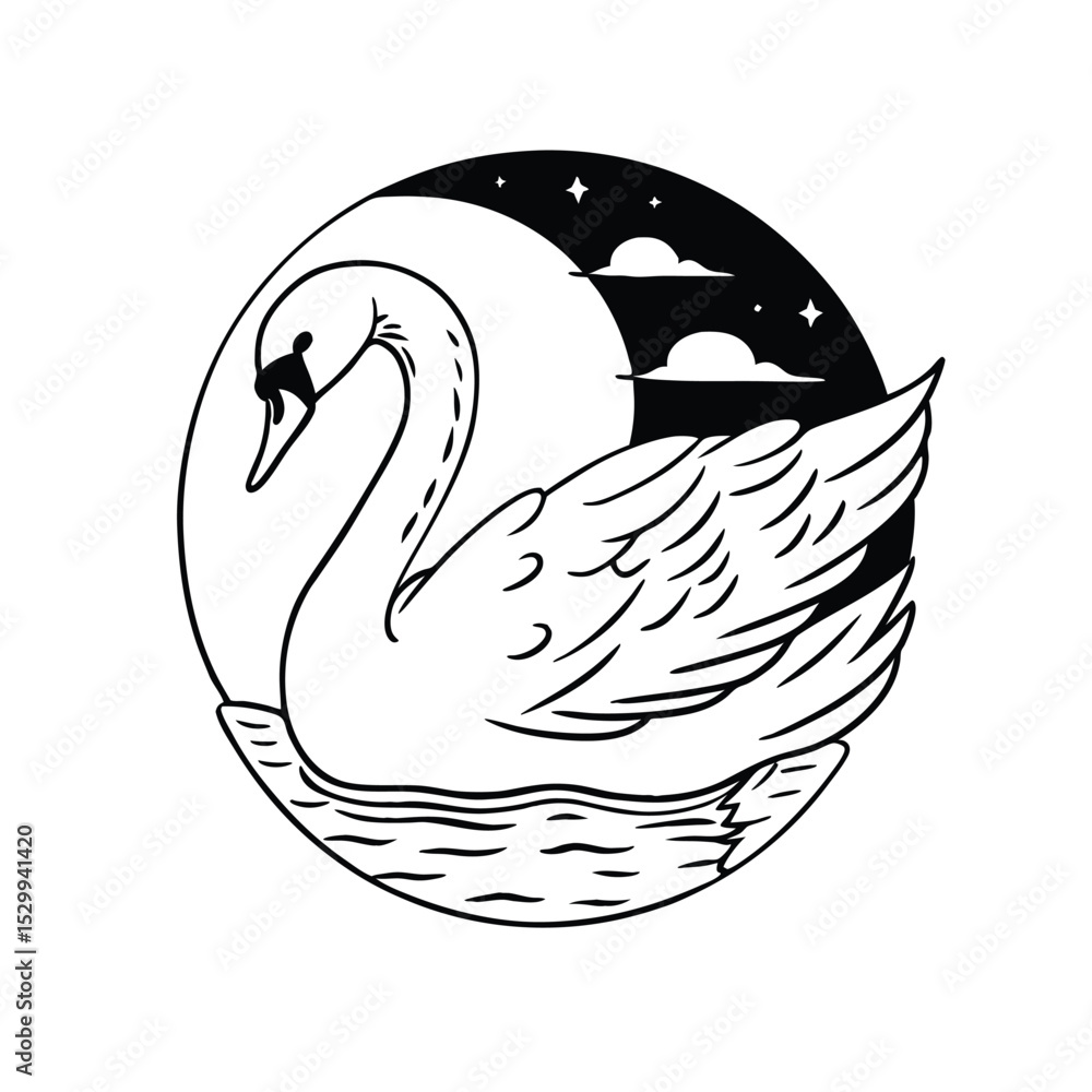 Obraz premium Dreamlike swan and moon logo in soft whites and blues vector illustration