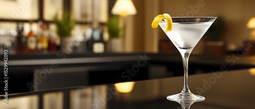 A classic martini, garnished with a twist of lemon, served in a sleek martini glass on a polished black countertop with soft ambient lighting