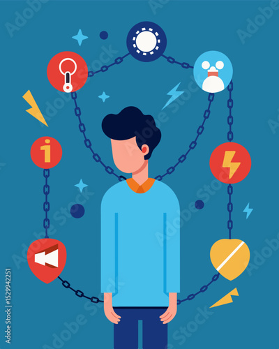 The verbal chains of addiction had a hold on him causing him to spiral further and further out of control.. Vector illustration