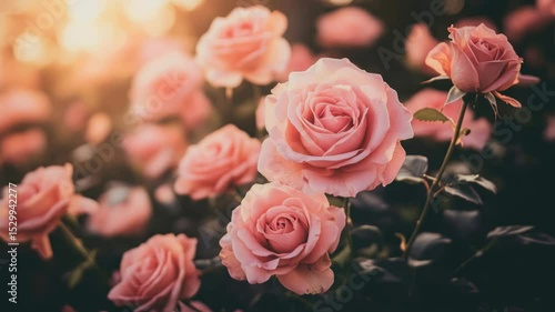 Wallpaper Mural Close-up shot of blooming pink roses in soft focus, with warm sunlight in the background, creating a romantic, cinematic video style. Live desktop wallpaper. Torontodigital.ca