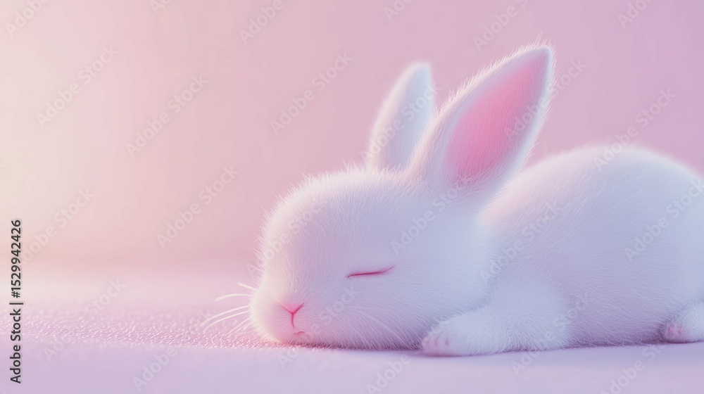 Adorable White Bunny Sleeping on Soft Pink Surface Adorable White Bunny Sleeping on Soft Pink Surface