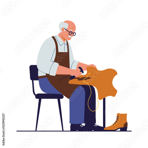 Elderly shoemaker working on leather while sitting at a chair  