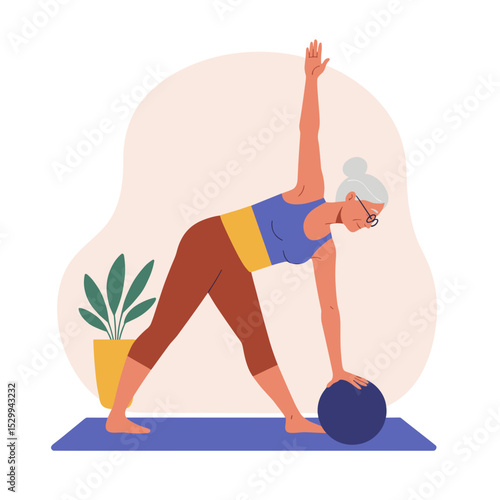 Elderly woman doing pilates while stretching at home with plants  