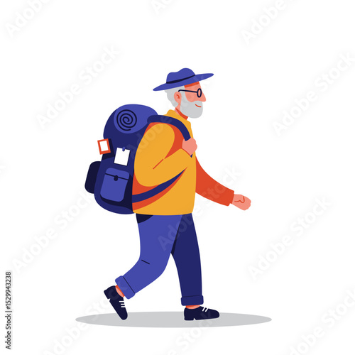 Elderly traveler walking with backpack in casual attire  
