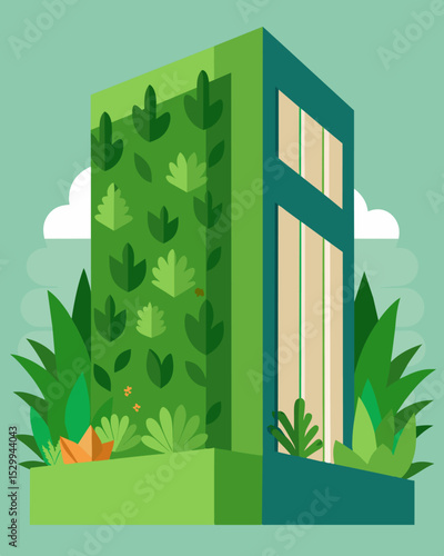A green wall on the side of a building partially covered in plants to improve air quality and reduce energy use.. Vector illustration