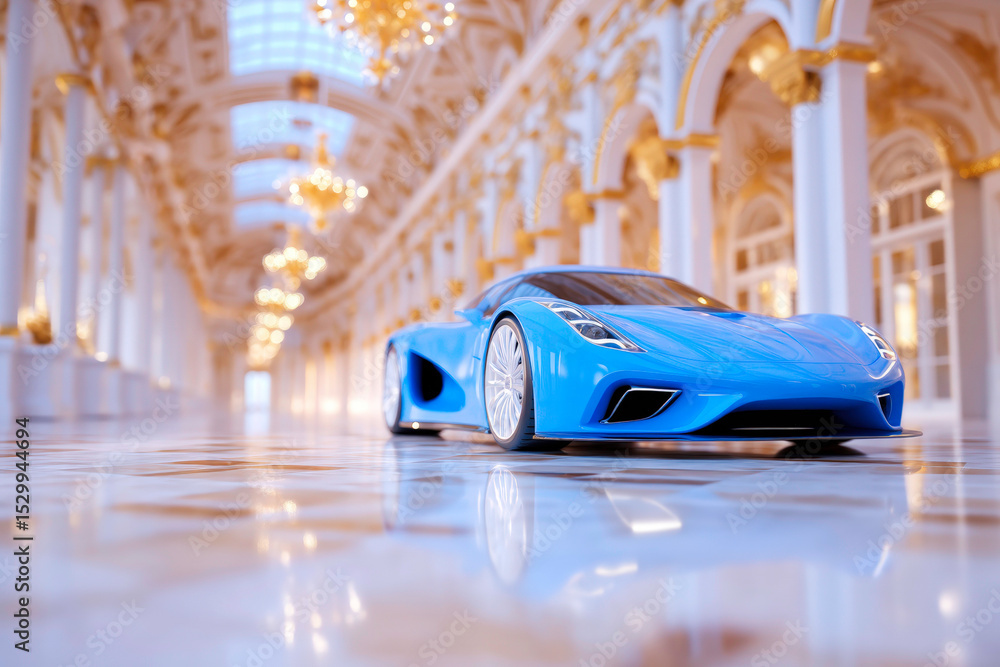 Obraz premium Blue sports car digital render inside grand palace luxury interior