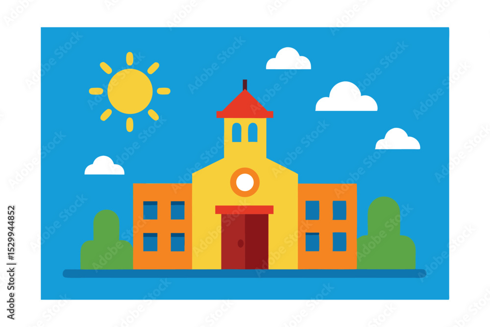 Fototapeta premium Vector Illustration of a School Building on a Sunny Day with Bell Tower