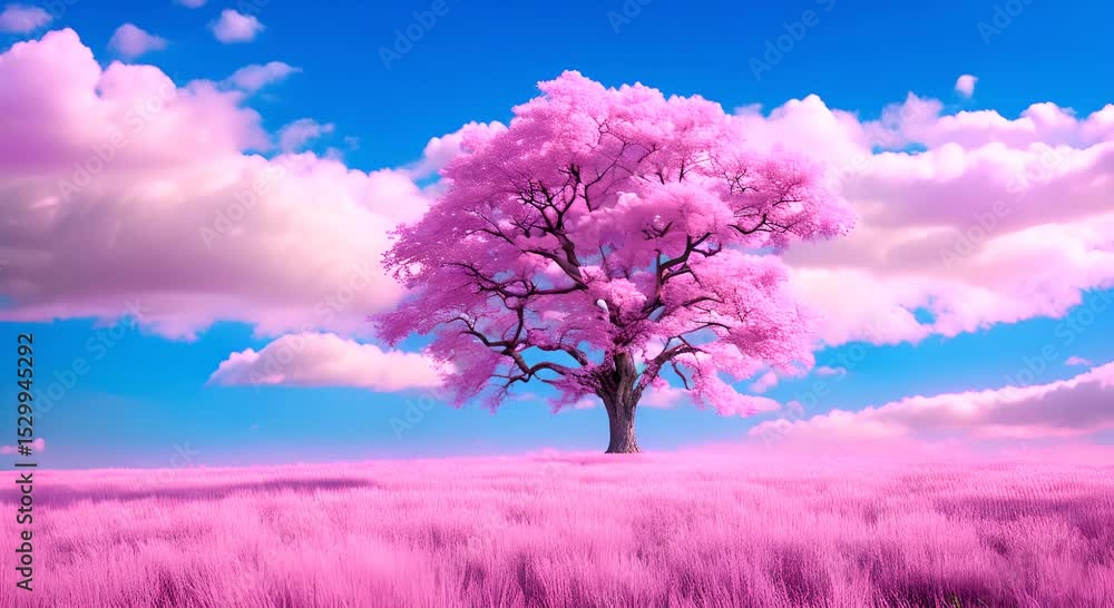 A pink tree stands alone in a field of pink grass under a blue sky with white clouds 4K