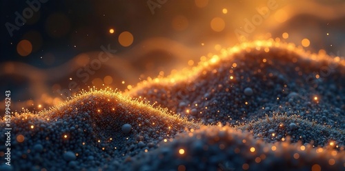 Golden threads gleam on plush parcels, ambient lighting, satin, close up, warm