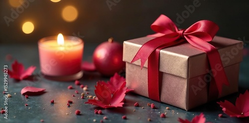 Luxurious gift boxes, tied with bows, surrounded by scented candles , scented, design