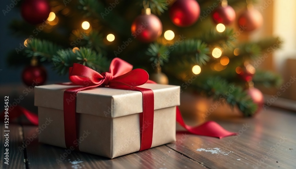 Sleek giftbox, tied with bow, beneath decorated tree, luxury, image, modern Sleek giftbox, tied with bow, beneath decorated tree, luxury, image, modern