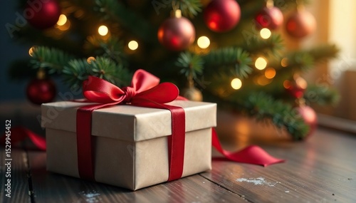 Sleek giftbox, tied with bow, beneath decorated tree, luxury, image, modern