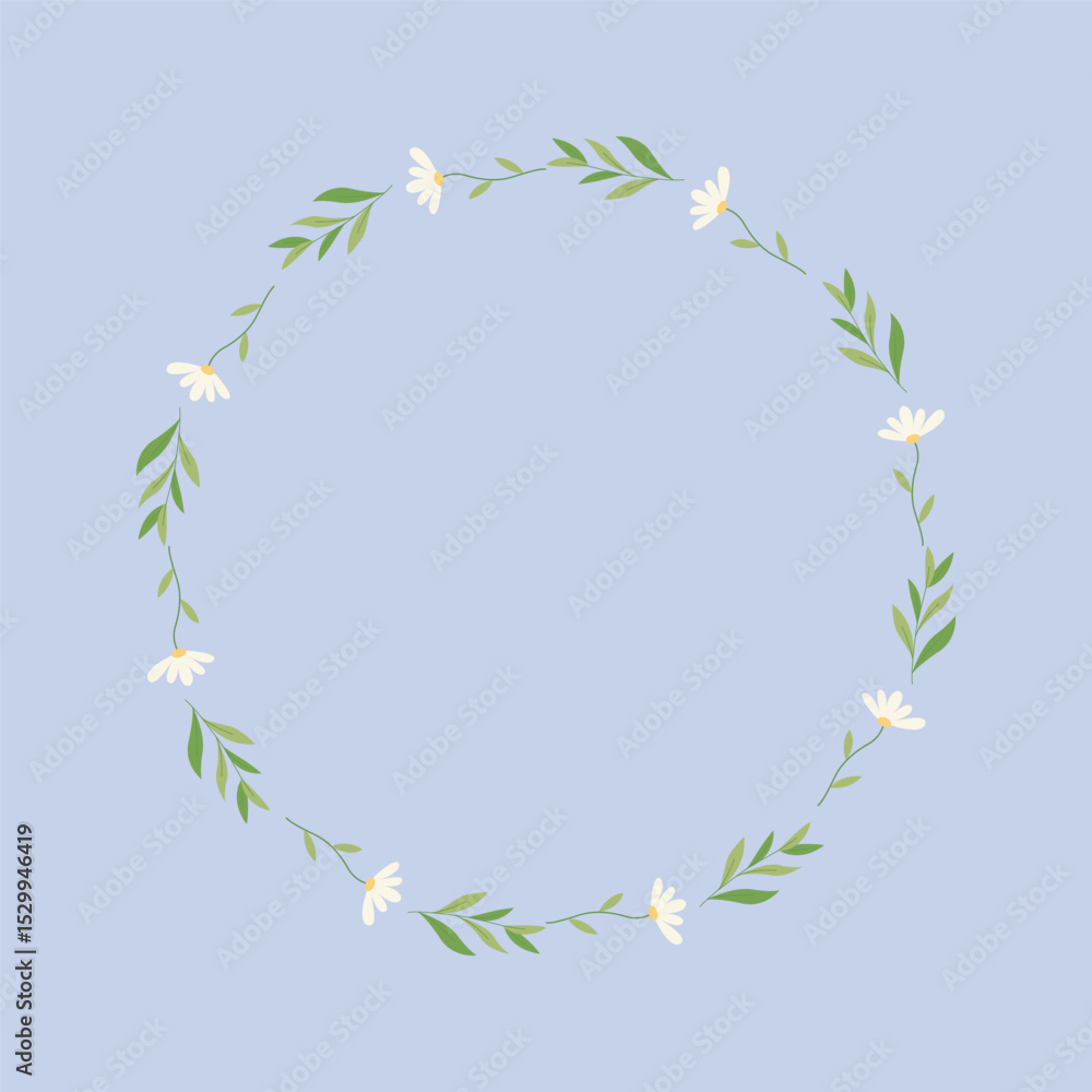 Fototapeta premium Floral Wreath with White Daisies and Green Leaves Hand Drawn Botanical Circle Frame