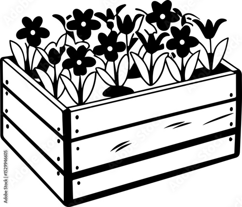 
Flowers arranged in a wooden box, SVG with clean lines. Nature Inspired Planter Box with Flowering Plants Design