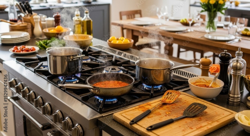 Vibrant modern kitchen with cooking pots and fresh ingredients on stove Vibrant modern kitchen with cooking pots and fresh ingredients on stove