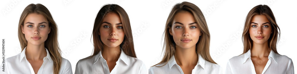 A beautiful woman with straight hair wearing a white blouse, a beautiful woman wearing a shirt, facing forward and looking at the camera on a transparent background A beautiful woman with straight hair wearing a white blouse, a beautiful woman wearing a shirt, facing forward and looking at the camera on a transparent background