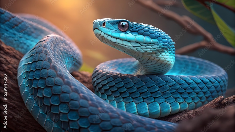 Fototapeta premium Green snake resting in nature with wildlife and tree surroundings