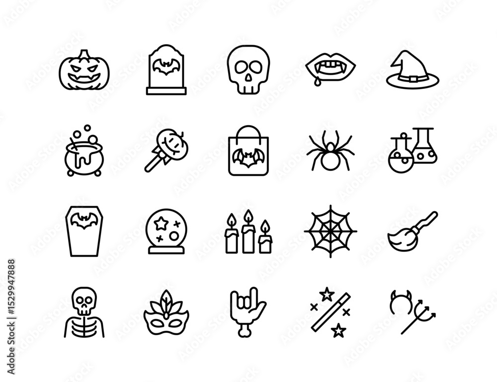 Fototapeta premium Halloween Vector Icon Set | Adjustable Line Weight | Pumpkin, skull, vampire, witch, spider, cauldron, potion, coffin, broom, ghost, trick or treat icons