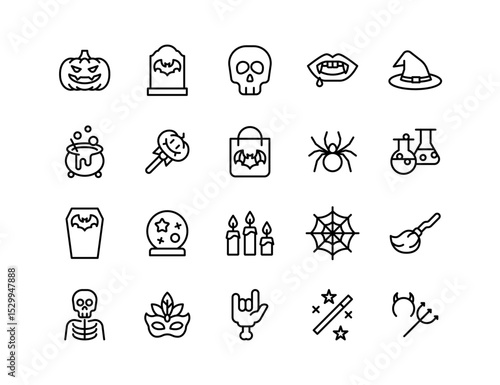 Halloween Vector Icon Set | Adjustable Line Weight | Pumpkin, skull, vampire, witch, spider, cauldron, potion, coffin, broom, ghost, trick or treat icons