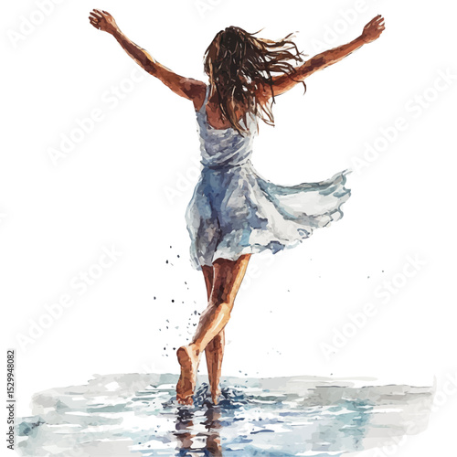 Girl Dancing Barefoot Rain, watercolor vector, isolated on a white background.