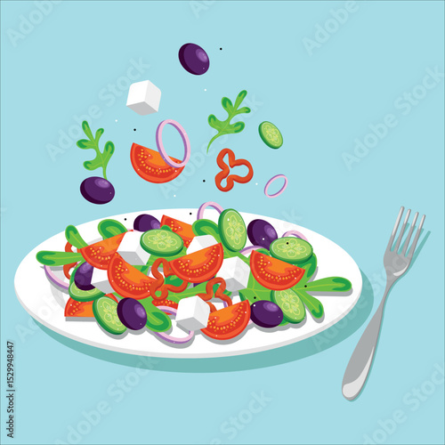 
salad, fork, food, restaurant, tomato, cucumber, pepper, onion, olives, cucumber, mozzarella, dishes, design, kitchen, kitchens, illustration, apron, menu, cover, dining room, tableware design, plate