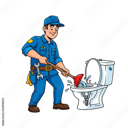 Cartoon Plumber Unclogging Toilet Vector Illustration