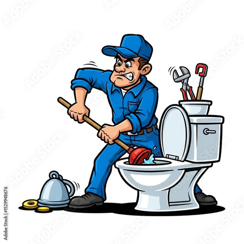Cartoon Plumber Unclogging Toilet Vector Illustration