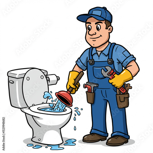 Cartoon plumber characters with a plunger and a wrench wearing uniforms and smiling