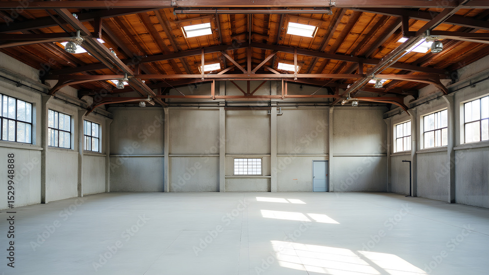 Fototapeta premium Empty industrial warehouse interior with wooden roof and concrete floor