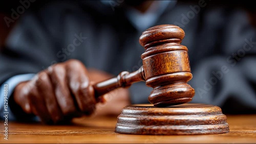 Judge's hand holding a gavel in a courtroom, representing legal decisions, justice system, law, and courtroom proceedings.