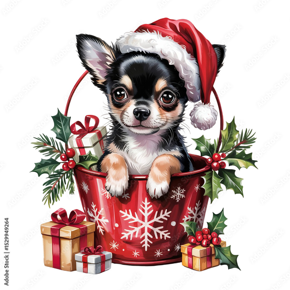 A cute puppy wearing a Santa hat sits inside a festive red bucket adorned with snowflake patterns, surrounded by holly and gift boxes A cute puppy wearing a Santa hat sits inside a festive red bucket adorned with snowflake patterns, surrounded by holly and gift boxes