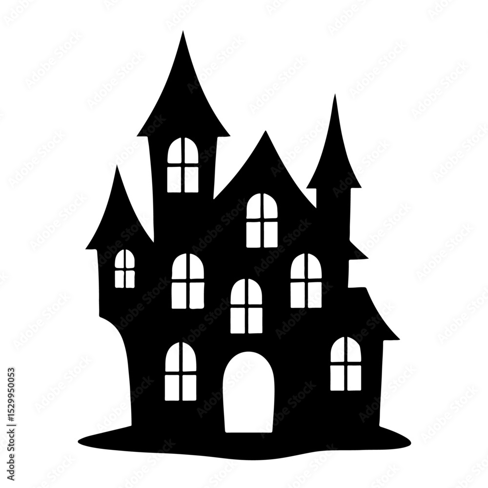Obraz premium Haunted Halloween Castle Silhouette Vector – Spooky Scary House Art. 