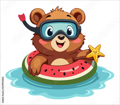 Vector fashion design for children t-shirt. Teddy bear in scuba diving mask with inflatable ring swims on sea on transparent background. Cartoon print for fabric, clothing for boy and girl.