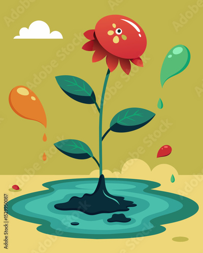A wilted flower drowning in a puddle of toxic comments and pessimistic viewpoints.. Vector illustration