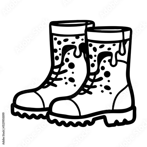 Muddy boots with dripping mud on soles and sides in black and white  