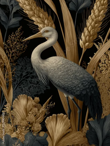 Fototapeta Wzorzysta ilustracja przedstawiająca czaplę w szarych odcieniach, otoczoną złotymi kłosami pszenicy i ciemnymi liśćmi na czarnym tle.