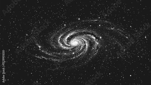 Deep space scene background in stippling style with amazing huge glowing spiral galaxy and stars. Milky Way galaxy. Retro styled dotwork. Pointillism. Noisy grainy dot shading. Vector illustration