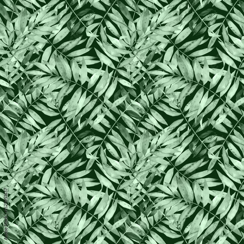Obraz na plátně Hand-Painted Green Watercolour Palm Leaves Art Seamless Pattern,  Monochromatic