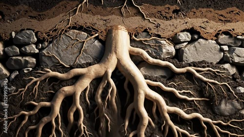 Underground root system growth and expansion in natural soil layers with rocks