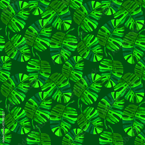 Fotografie Vibrant Green Tropical Monstera Seamless Pattern: Expressive Botanical Design for Bold Fabrics, Dynamic Wall Decor and Artistic Product Styling