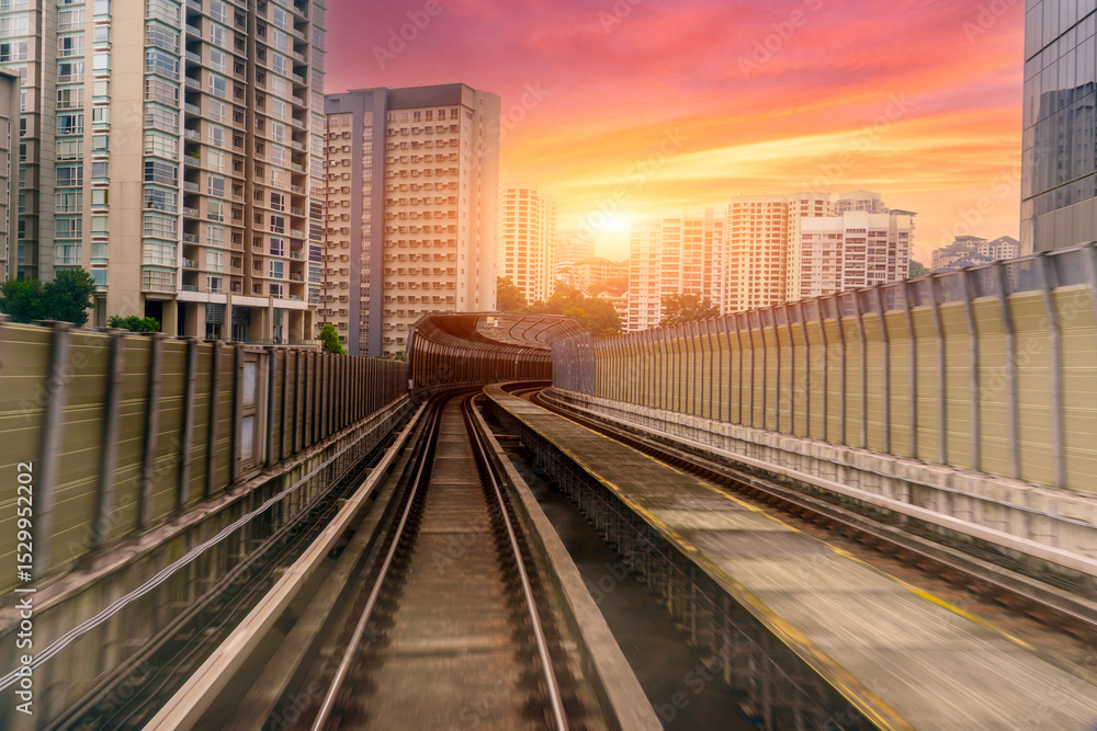 Naklejka premium Train view. blurry speed motion on railway tunnel for futuristic connection technology. Abstract background at sunset time.