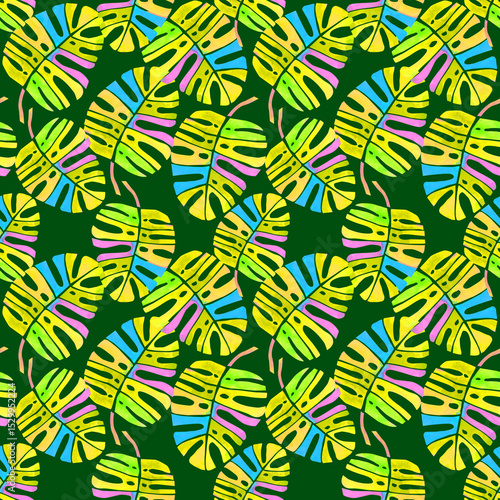 Obraz na plátně Watercolor Neon 80s Tropical Monstera Seamless Pattern, Vibrant Synthwave Palm L
