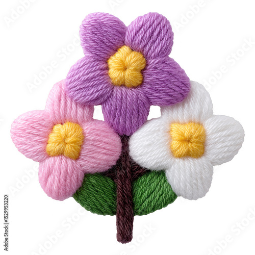 Three colorful yarn flowers with yellow centers and green leaves create charming, handmade design. pink, purple, and white petals add playful touch to craft