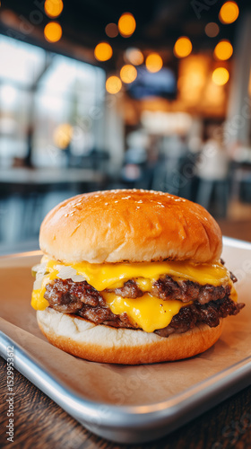 Smash burger with crispy caramelized onions and melted cheese